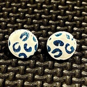 NEW White & Blue Leopard Print Resin & Polymer Clay Round Stud Earrings